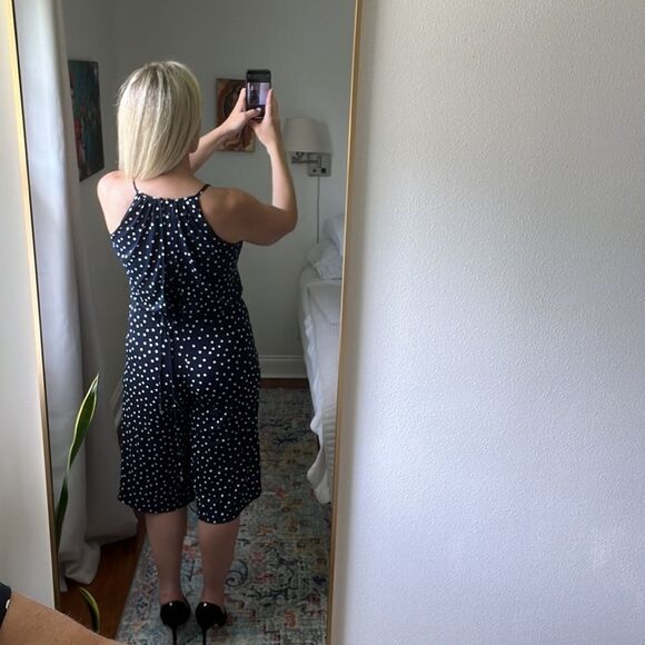London Times Jumpsuit Womens Size 4‎ Cropped Navy White Polka Dot Halter - Picture 4 of 8